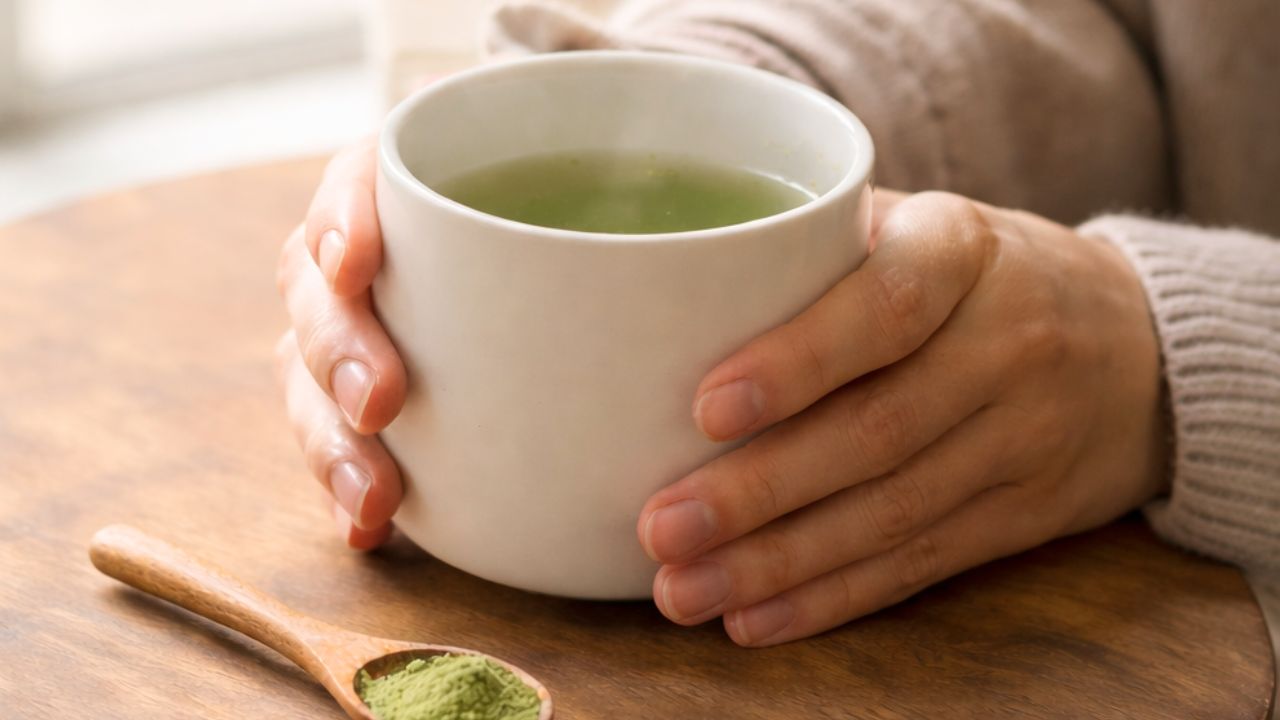 青よもぎ茶の入った湯のみを両手で包む、温かな卓上の写真